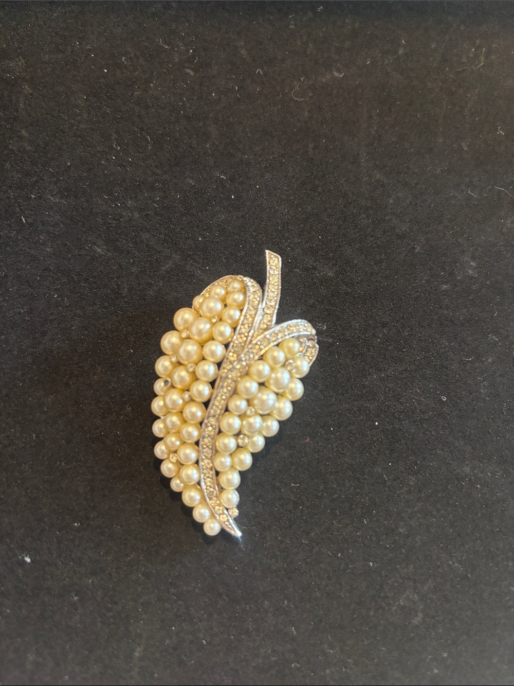 Trifari vintage Pearl and Rhinestone Leaf Brooch -